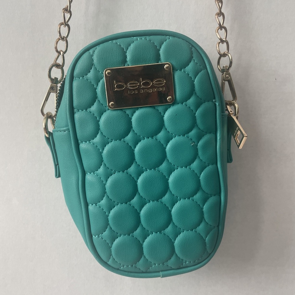 Bebe Los Angeles Crossbody Bag Teal Gold Quilted Small Zip Chain Adjustable Y2K